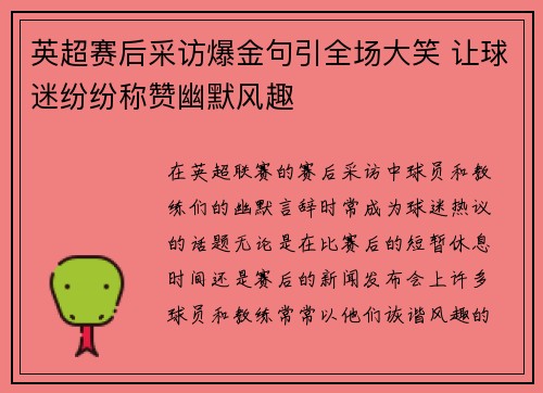 英超赛后采访爆金句引全场大笑 让球迷纷纷称赞幽默风趣