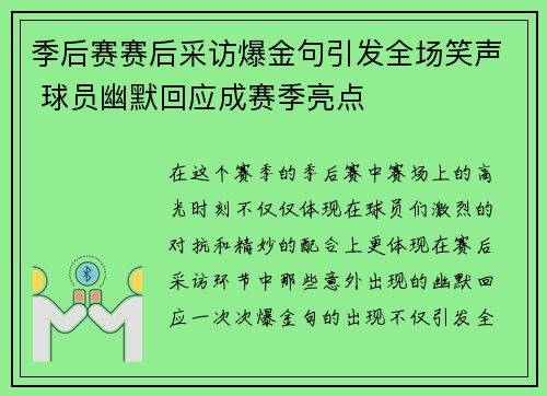 季后赛赛后采访爆金句引发全场笑声 球员幽默回应成赛季亮点