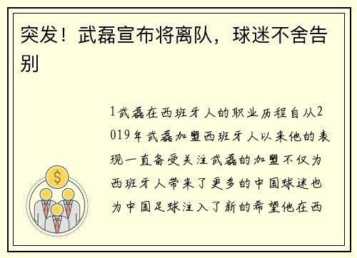 突发！武磊宣布将离队，球迷不舍告别