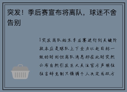 突发！季后赛宣布将离队，球迷不舍告别